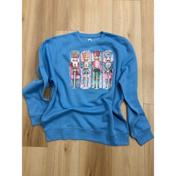 Glitter Nutcracker Blue Graphic Sweatshirt Toy Soldier Christmas Crewneck - Picture 2 of 3